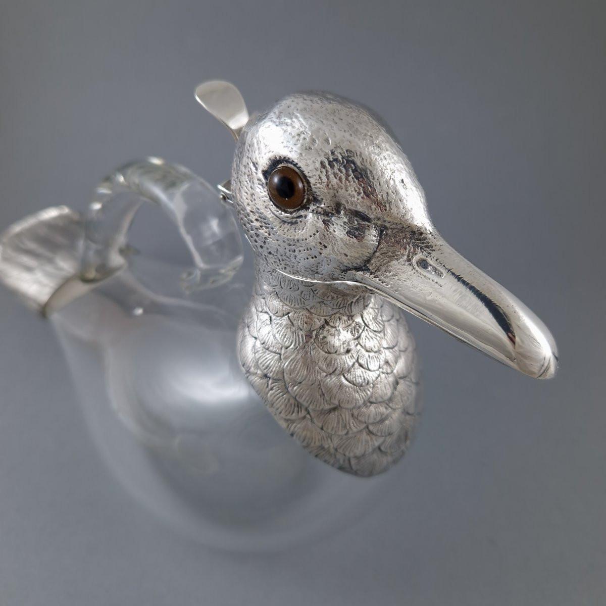 Caraffa a forma di anatra in vetro e argento sterling in vendita 1