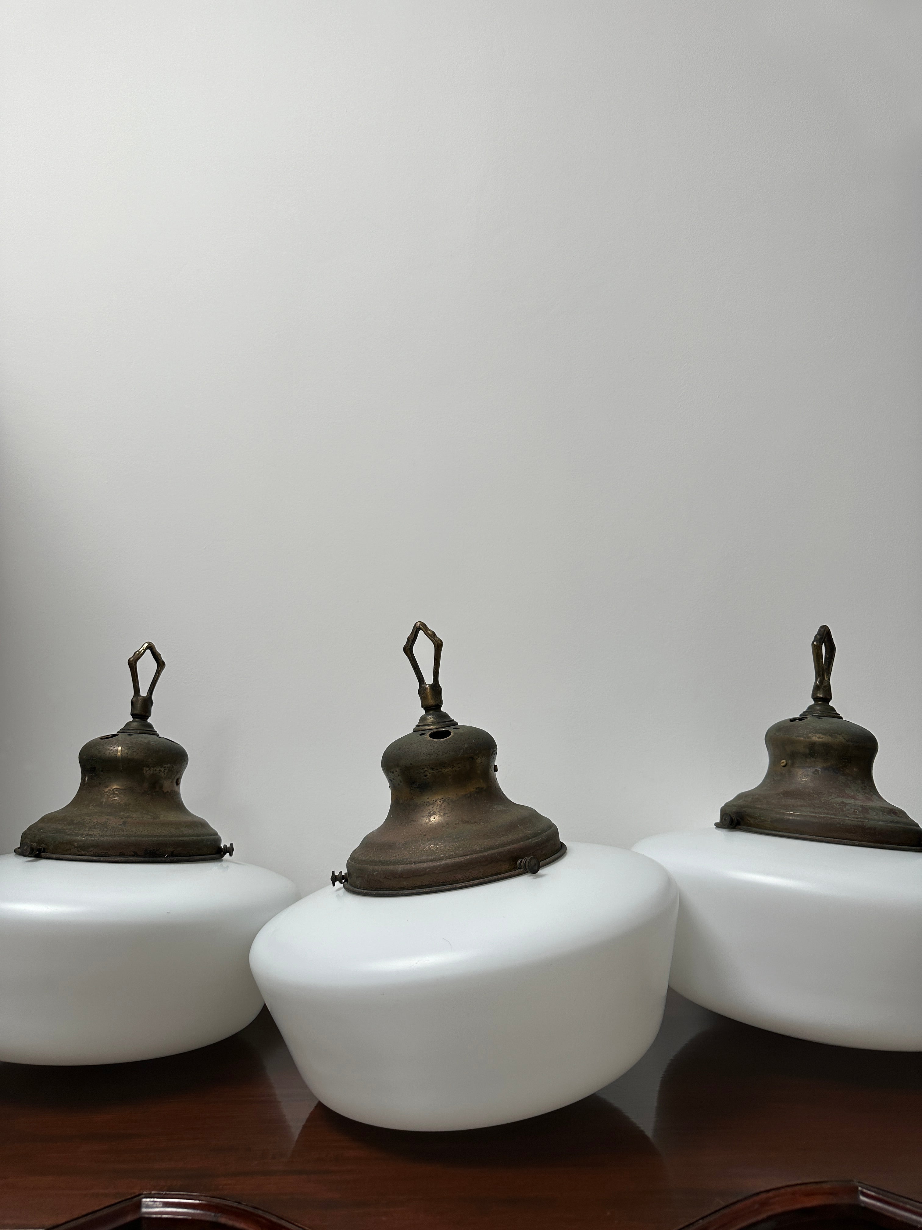 Set Run XL Antique Vintage Brass Church Opaline Milk Glass Ceiling Pendant Light