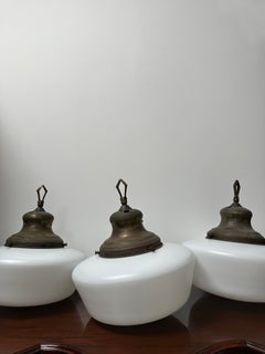 Set Run XL Antique Vintage Brass Church Opaline Milk Glass Ceiling Pendant Light