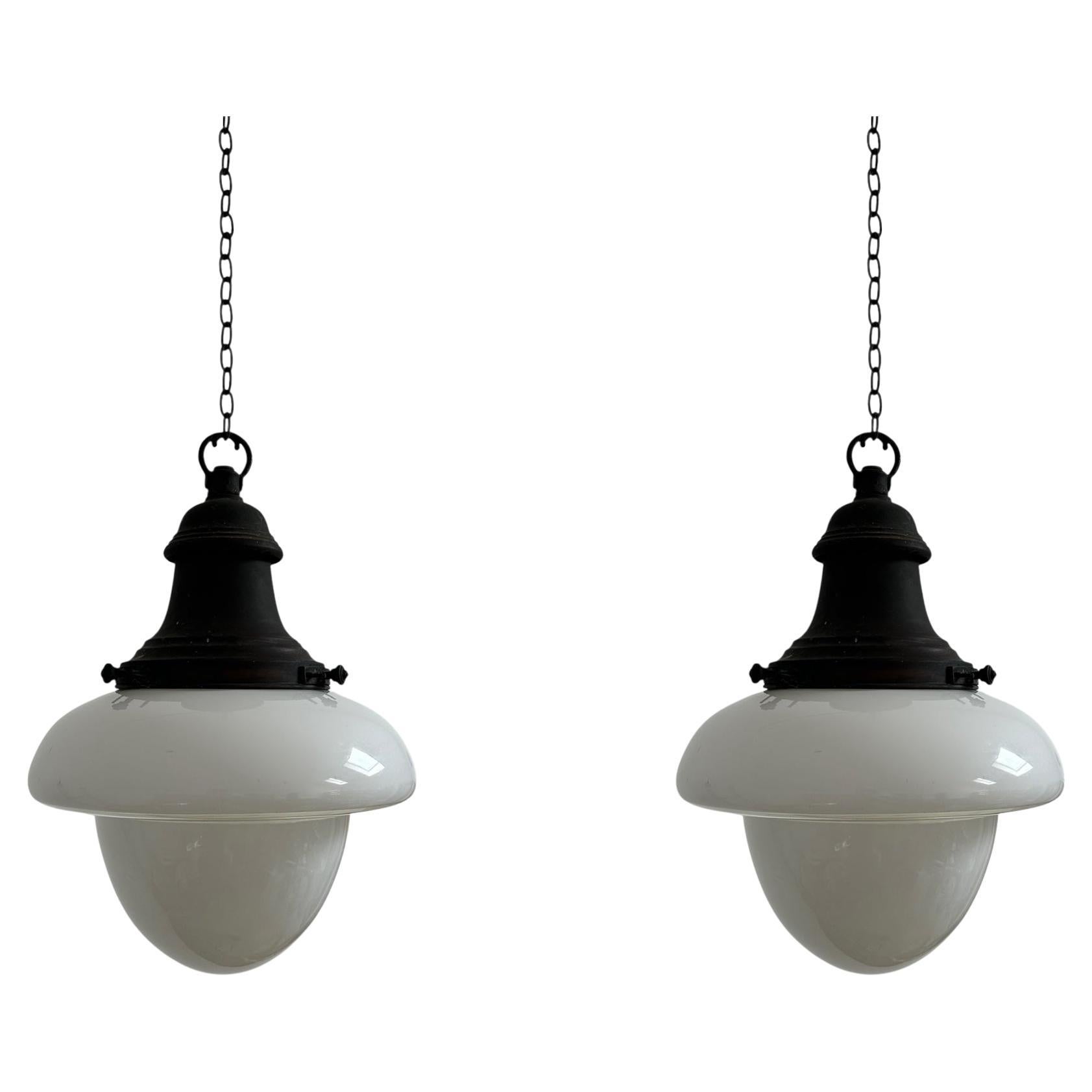 Run Set Antique Vintage Two Tone Church Opaline Milk Glass Ceiling Pendant Light