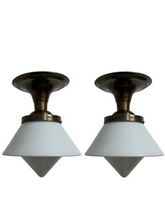 Pair Antique Vintage German Flush Mounted Opaline Milk Glass Ceiling Pendants