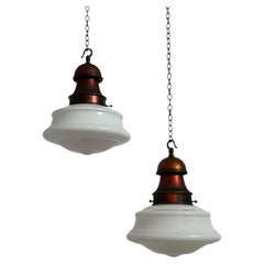 Pair Antique Vintage English Church Opaline Milk Glass Copper Ceiling Pendants