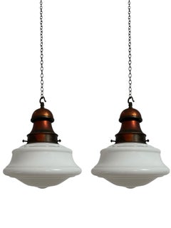 Pair Antique Vintage English Church Opaline Milk Glass Copper Ceiling Pendants
