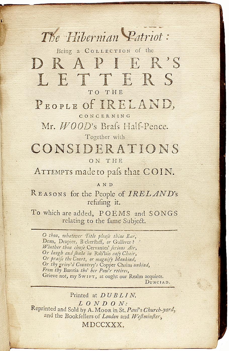 Mid-18th Century Jonathan SWIFT. The Hibernian Patriot. 1730 - 2ND COLLECTED & 1ST LONDON EDITION For Sale
