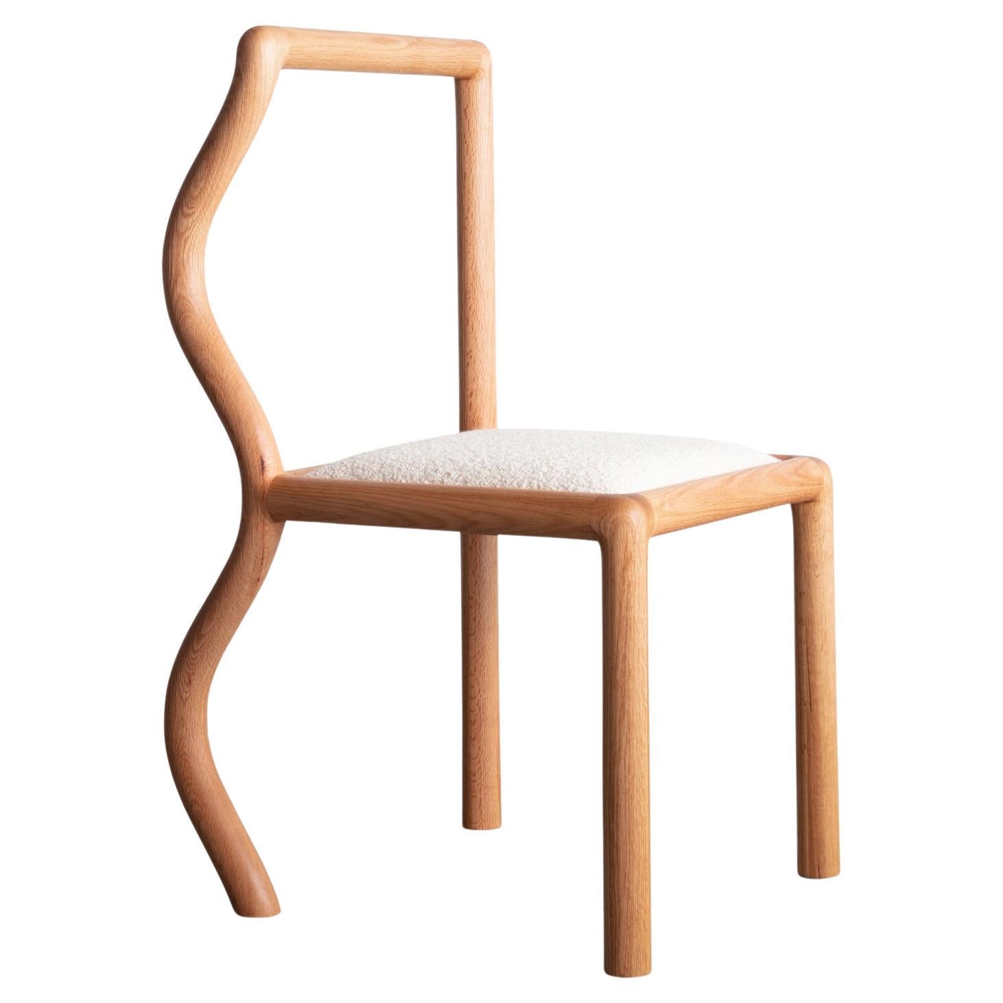 Squiggle Dining Chair / Hand sculpted Red Oak & Natural Bouclé upholstery 