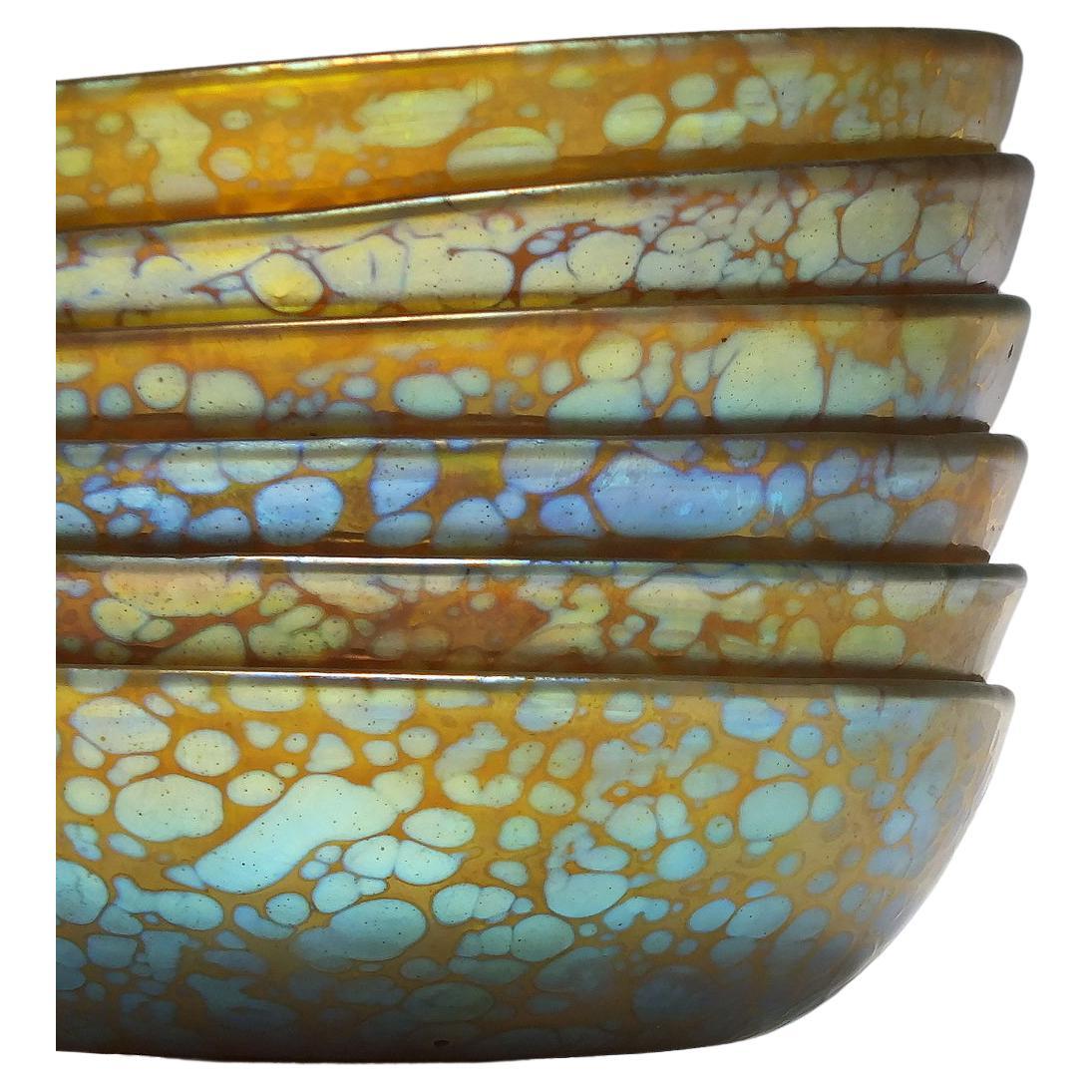 Six Loetz Iridescent Candia Papillon Glass Bowls, circa 1905 For Sale