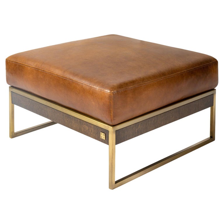 Hidden Leather Brass and Wood Pouffe / Ottoman For Sale at 1stDibs