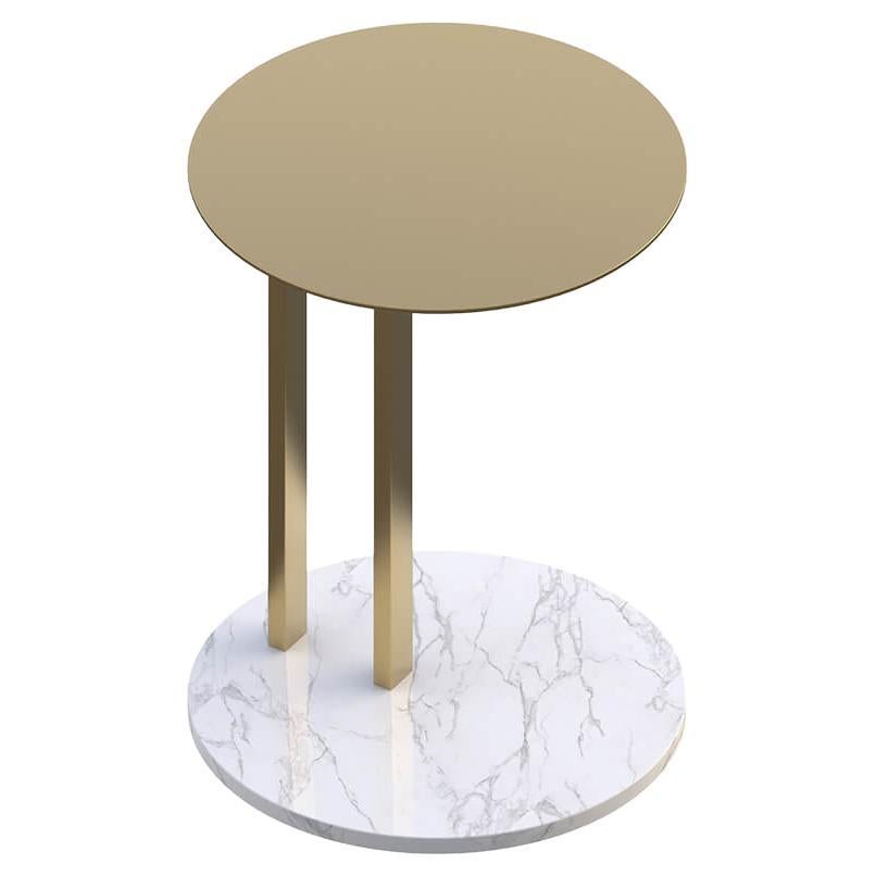 Hidden Brass Coated Metal Carrara White Marble Side C Table