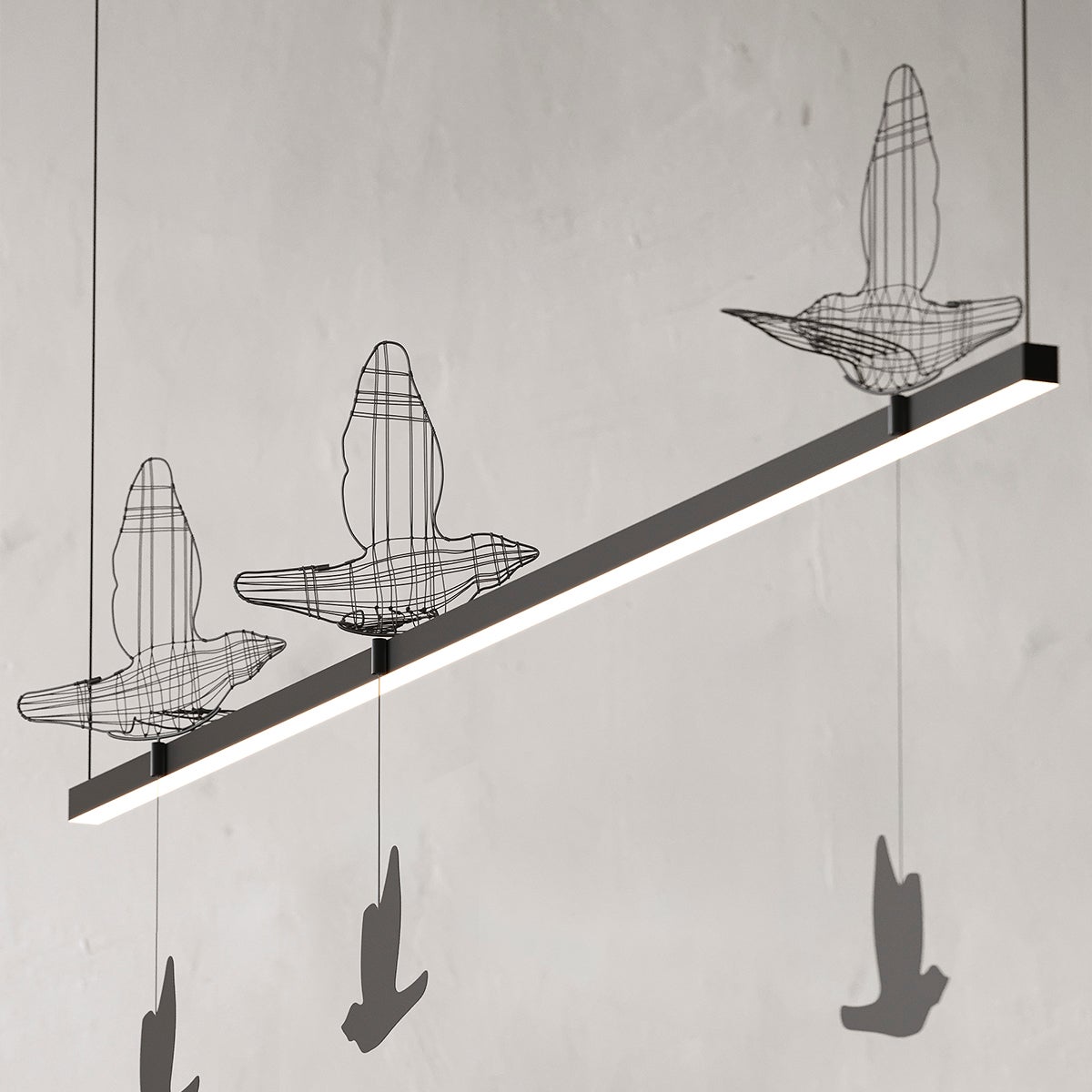 Single Modern Chandelier Lamp “Flight Shadows”, Stainless Steel Lighting For Sale