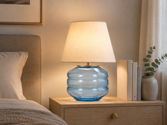 Hand-Blown Glass Table Lamp with Linen Shade in Aqua
