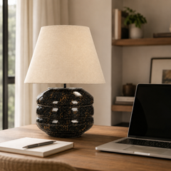 Hand-Blown Glass Table Lamp with Linen Shade in Black marble