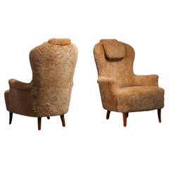 Carl Malmsten Pair of 'Farmor' Armchairs in Honey Sheepskin, 1950s
