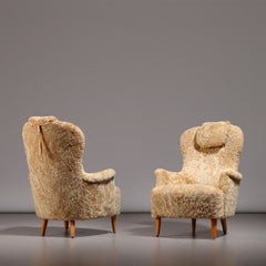 Carl Malmsten Pair of 'Farmor' Armchairs in Honey Sheepskin, 1950s