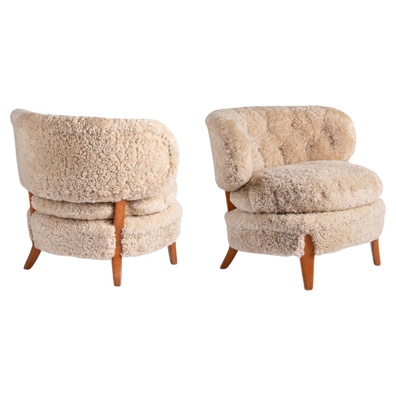 Paire de fauteuils Otto Schulz en peau de mouton Light, années 1940