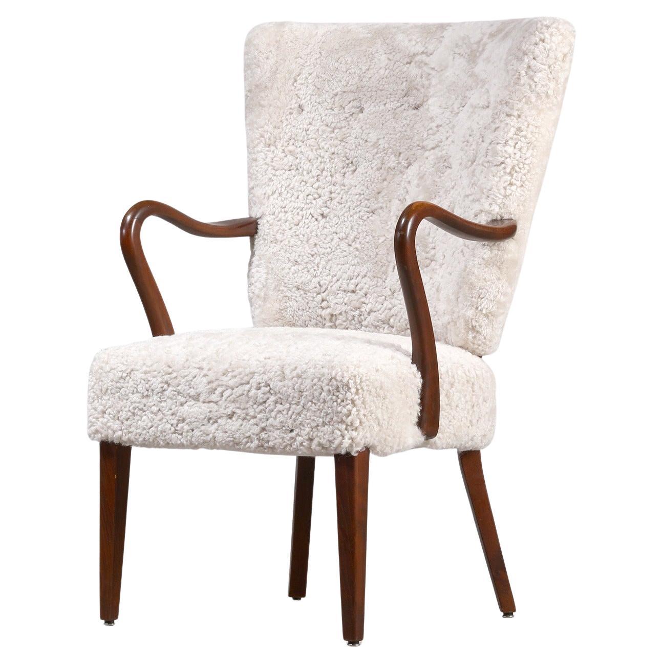 Alfred Christensen Danish Armchair in Light Sheepskin, 1940s