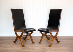 Pair of Spanish Oak Leather Dining Chairs by Pierre Lottier Valmazan Mid Century
