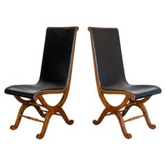 Pair of Spanish Oak Leather Dining Chairs by Pierre Lottier Valmazan Mid Century