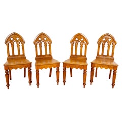 2 Light Golden Oak Dining Side Hall Chairs Gothic Steeple Back Antique Pugin