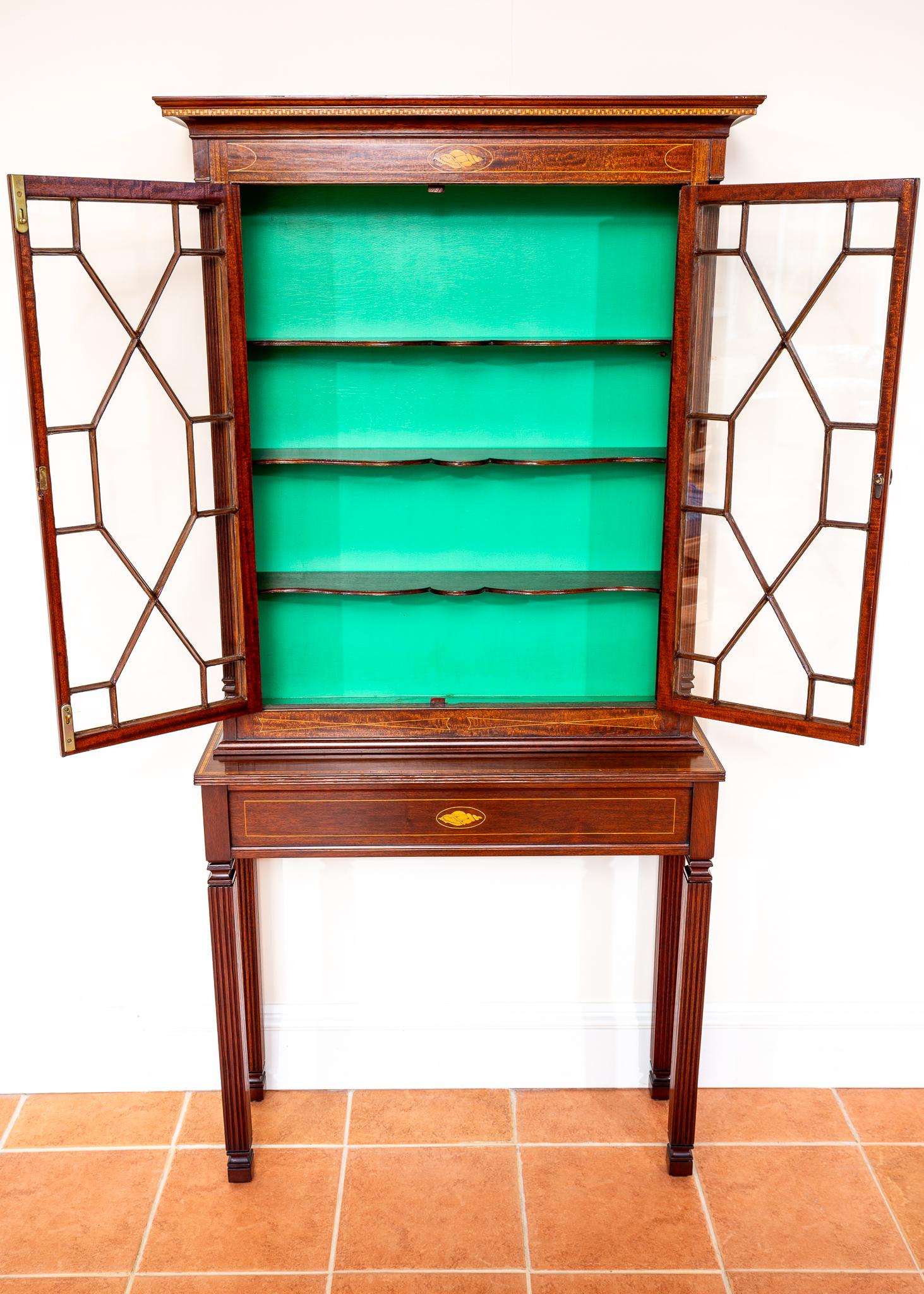 Hand-Carved Fine Antique Glazed Cabinet and Console Table Inlaid Mahogany Astragal Edwardian For Sale