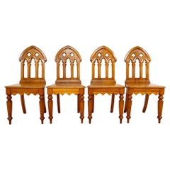 2 Light Golden Oak Dining Side Hall Chairs Gothic Steeple Back Antique Pugin