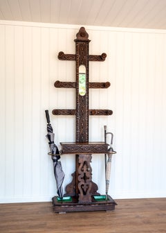 Arts & Crafts Carved Oak Hall Stand Antique Mirrored Brass Stick Hat Stand 1870