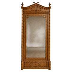 French Bird’s Eye Maple Faux Bamboo Mirrored Armoire, Circa 1900