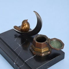 Art Deco Black Marble & Bronze Desk Tidy With Bird And Crescent Moon, C.1930