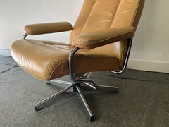 Mid-Century Scandinavian Leather Reclining Lounge Chair Chrome frame 1960s-70s