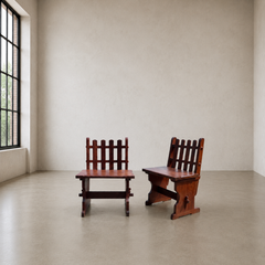 Pair Of Handcrafted Solid Mahogany Brutalist Arts & Crafts Chairs