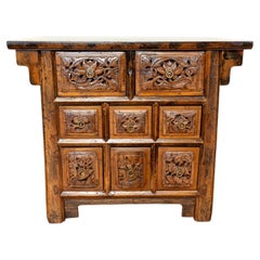 Magnifique commode chinoise ancienne sculptée, en orme et cyprès, datant de 1860