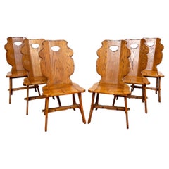 6 Oak Dining Chairs Mid Century Belgian Sculptural 1960s Brutalist MCM Tiger Oak