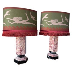 Pair Of Italian Mid-Century Modern Marble Table Lamps With Bespoke Shades