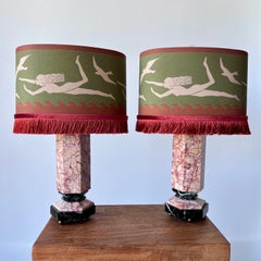 Pair Of Italian Mid-Century Modern Marble Table Lamps With Bespoke Shades