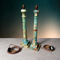 Rare Pair Of Midcentury Blue-Green Onyx Column Table Lamps