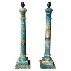 Rare Pair Of Midcentury Blue-Green Onyx Column Table Lamps