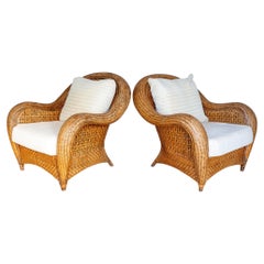 Pair of French Bamboo Rattan Armchairs Conservatory Studio Lounge Chairs 1970s
