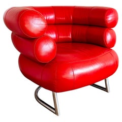 Modernist Red Leather Lounge Chair Eileen Gray Bibendum Armchair Deco MCM 1980s