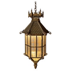 Large Continental Gothic Revival Bronze Lantern With Castellated Crown