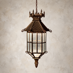 Large Continental Gothic Revival Bronze Lantern With Castellated Crown