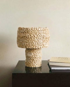 Casa ceramic textured table Light, handmade in beige organic round shape