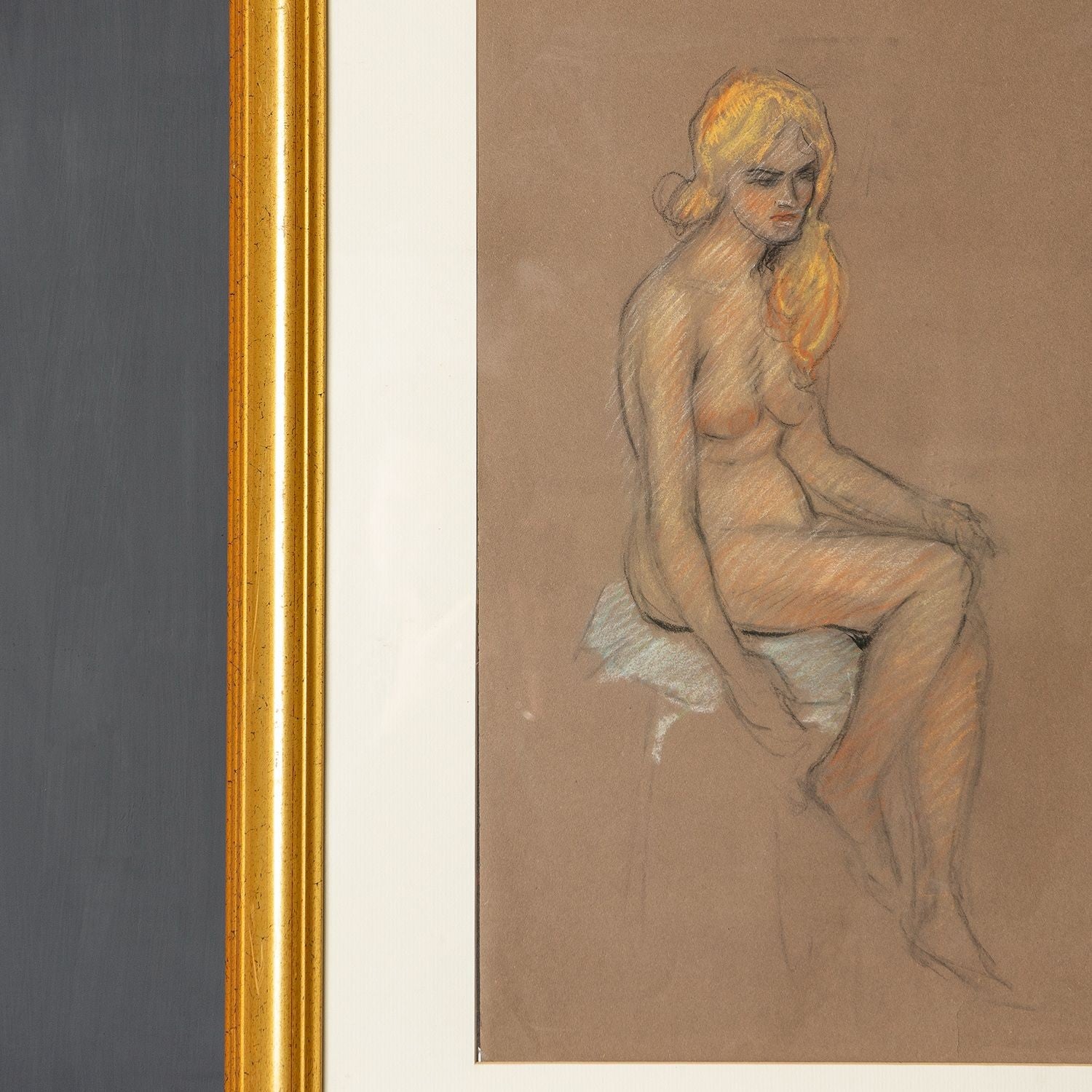 Original Framed Figurative Nude Study in Pastel, Early-Mid 20th Century
Bags of character, the artist really has captured the emotion of the sitter who seems really quite pissed off!

Unsigned but very skilfully executed by a talented hand.

Framed