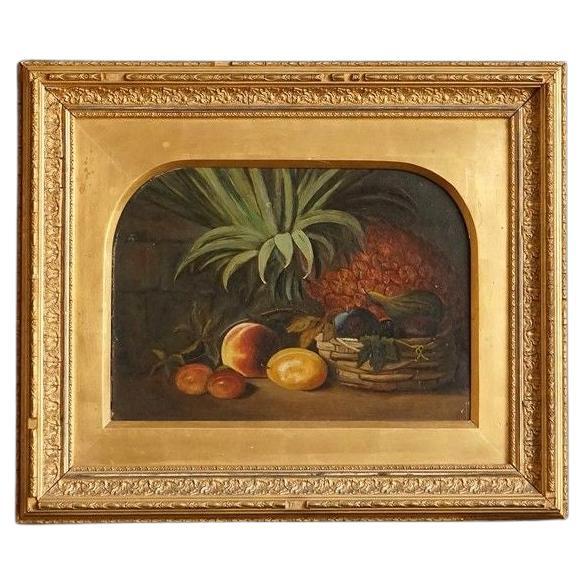 Ancienne peinture originale à l'huile sur toile représentant une nature morte avec des fruits, 1880