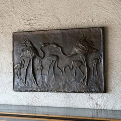 Vintage Bronze Sculptural Relief Plaque Depicting Flamingos