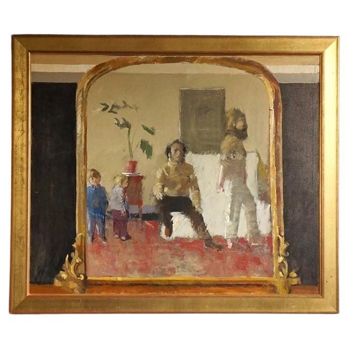 Femme et famille" par John G. Boyd, grande peinture originale à l'huile sur toile des années 1970