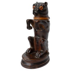 Antique Black Forest Carved Wooden Pug Inkwell, 19th Century Dog Carving