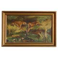 Tigers by a Jungle Stream, Antique Original Oil on Canvas Painting