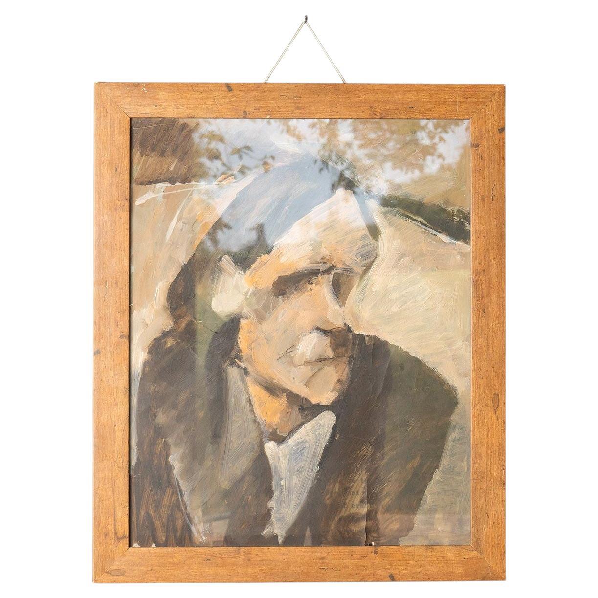Expressionist Portrait of a Man, Oil on Paper, Mid 20th Century