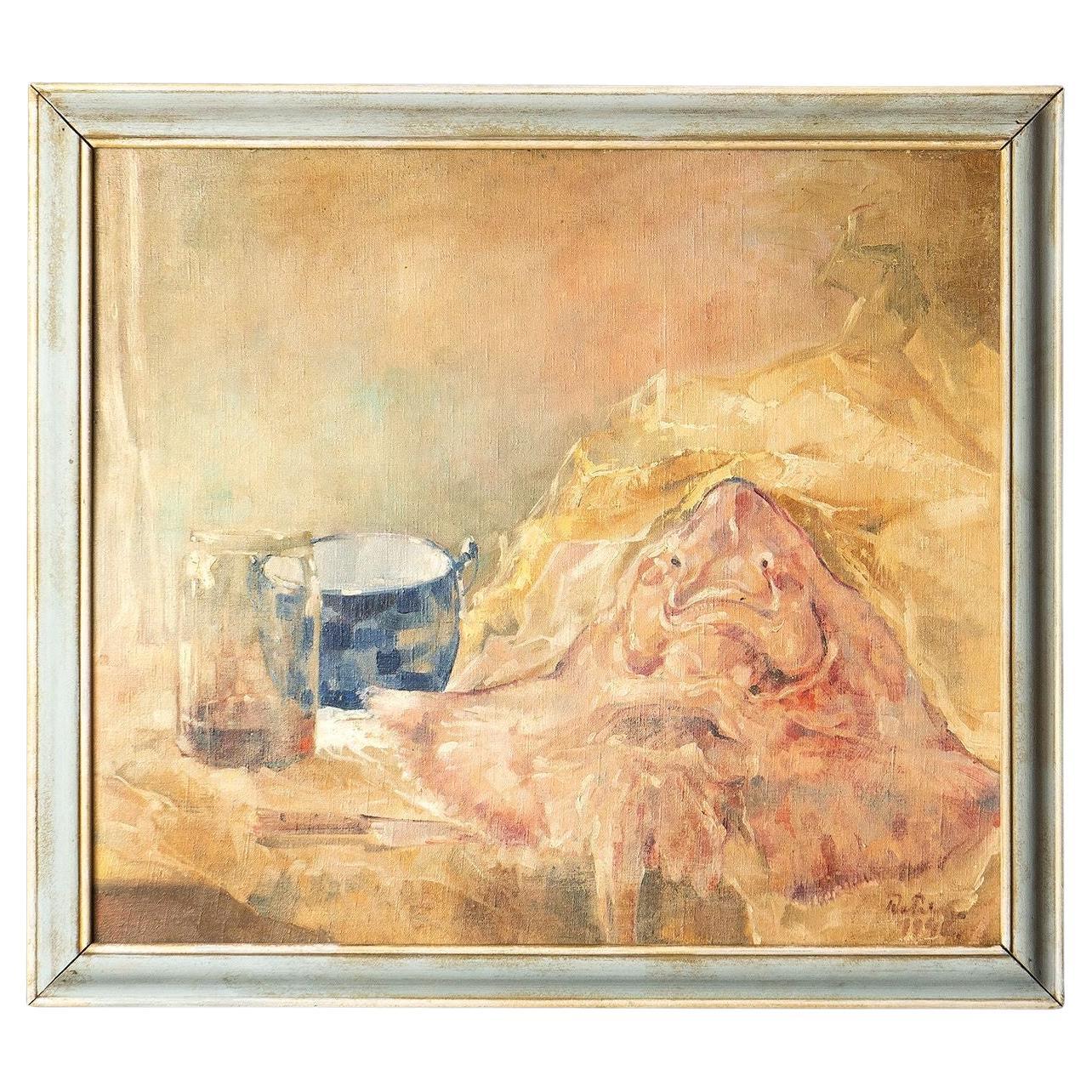 Large Vintage French Still Life Oil  Depicting a Skate on a Kitchen Table For Sale