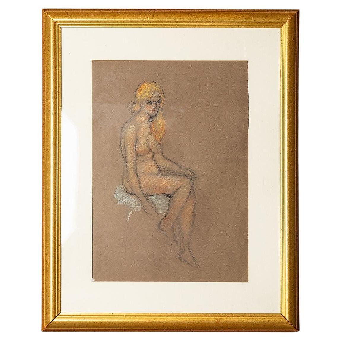 Vintage Original French Female Nude Life Drawing Portrait Study Mid 20th Century For Sale