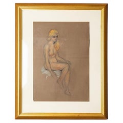 Vintage Original French Female Nude Life Drawing Portrait Study Mid 20th Century